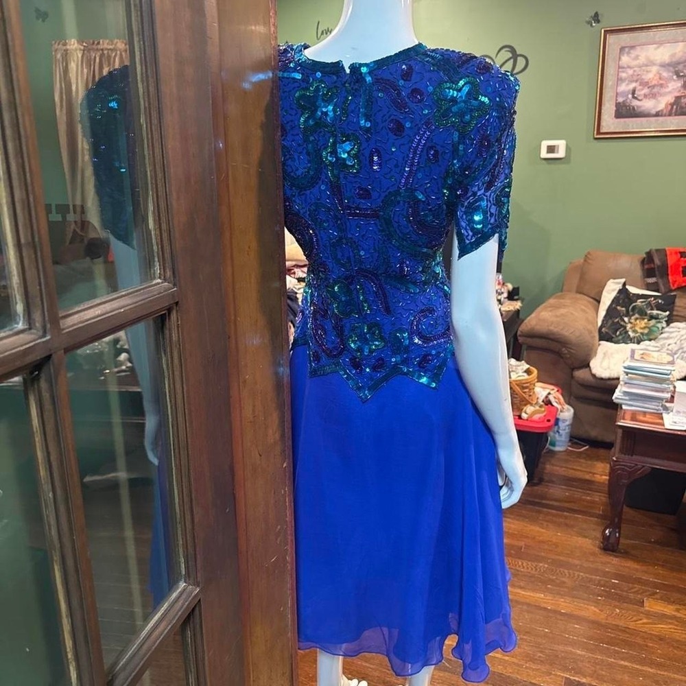 Vintage Laurence Kazar New York Dress Royal Blue Beaded Silk Size Small S - Picture 5 of 8